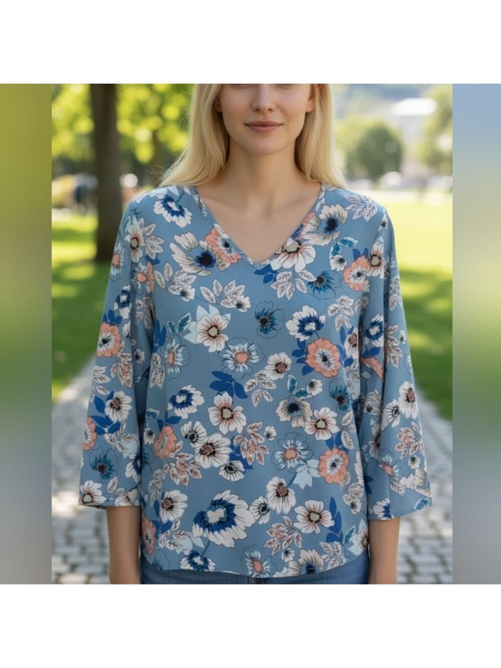 L • Mercer & Madison • Floral Blouse with V-Neck and Tulip Style Bell Sleeves